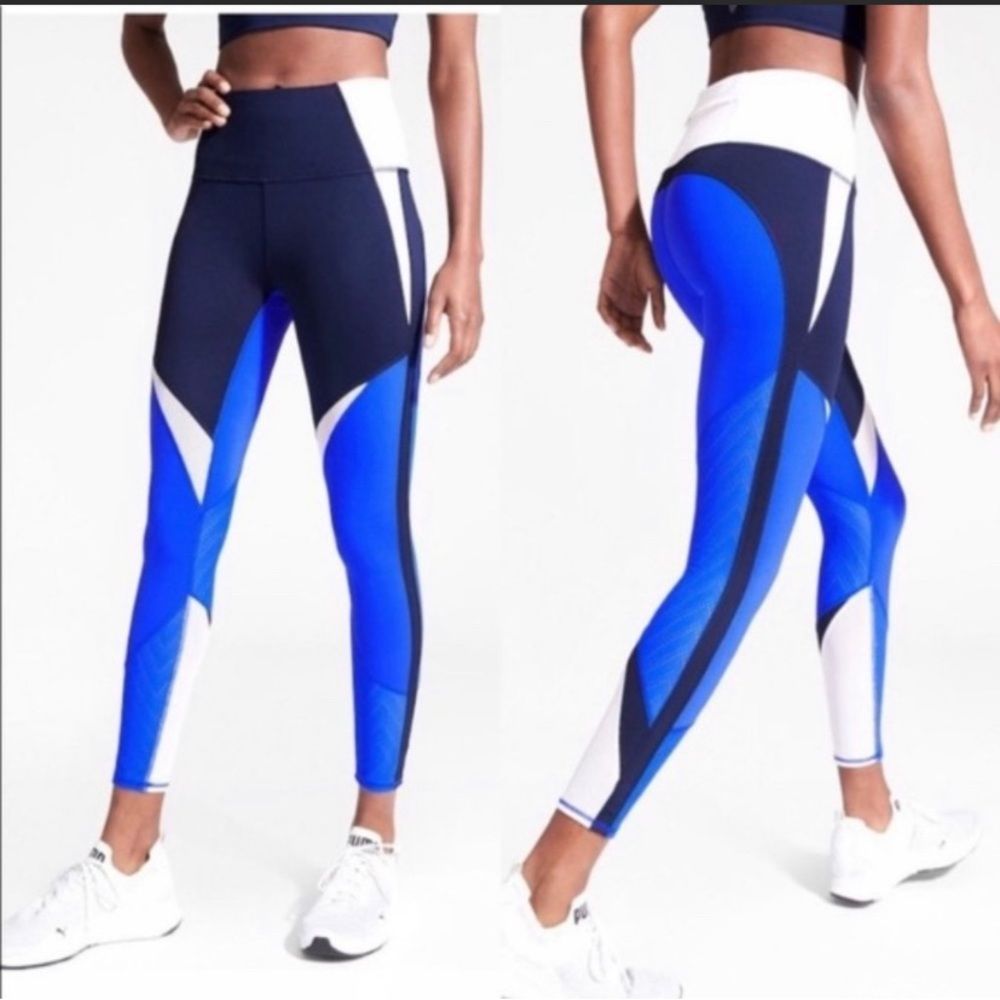 Athleta Blue, Navy & White Colorblock High-Rise Leggings